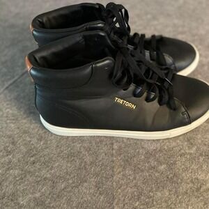 Tretorn Men High Top Sneaker Black Faux Leather White Sole Gold Logo Shoes Sz 12